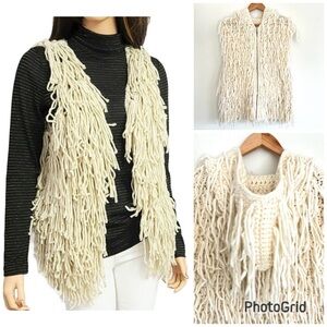 ECOTE Cream Wool Blend  Layered Fringe Shaggy Knit Zip Up Hoodie Vest Sz M NEW